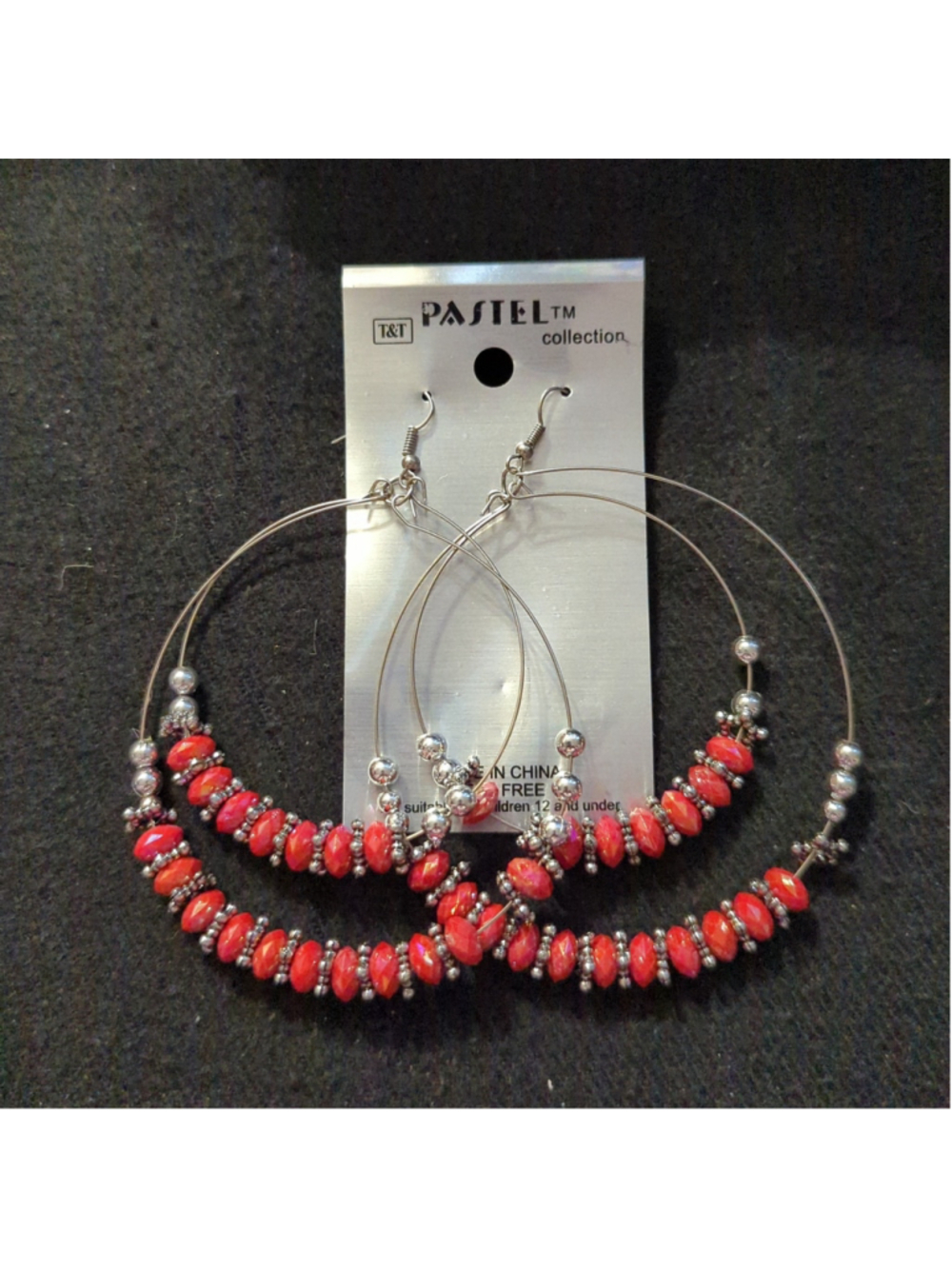 Pastel Collection Silver Tone Brick Red Beaded Hoop Dangle Statement Earrings
